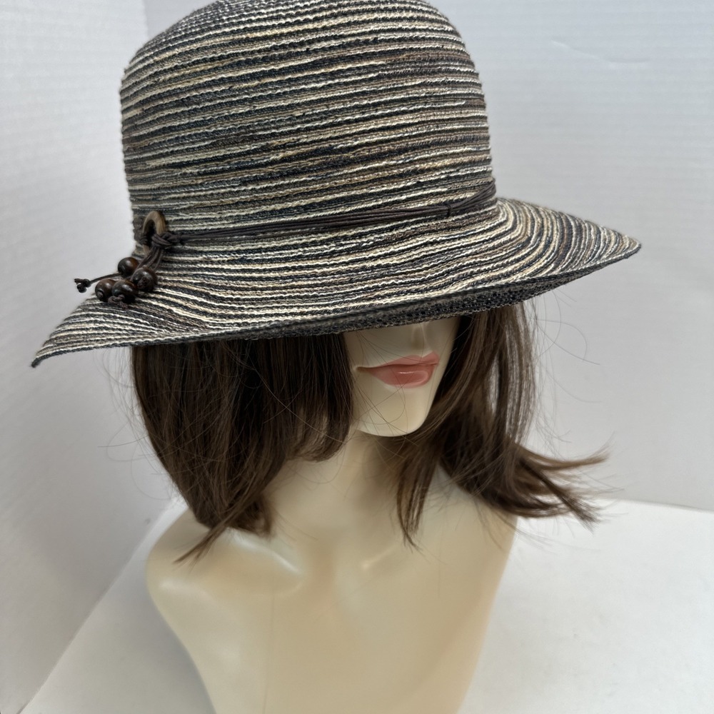 Kooringal Sophia Short Brimmed Bell Sun Hat Striped Adjustable Beaded Sz 58cm OS